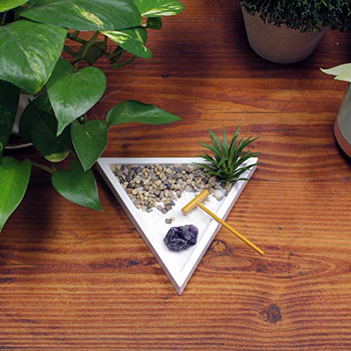 Nature's Mark Mini Zen Garden Kit for Desk with Rake, White Sand, White Triangle Base, Crystal Rock, Mini River Rocks and Air Plant, (7Lx6W Triangle W)