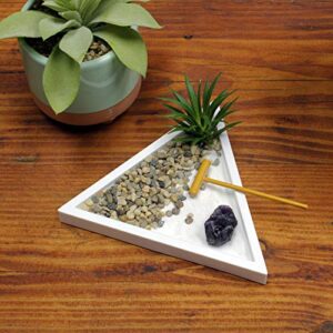 Nature's Mark Mini Zen Garden Kit for Desk with Rake, White Sand, White Triangle Base, Crystal Rock, Mini River Rocks and Air Plant, (7Lx6W Triangle W)