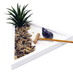 Nature's Mark Mini Zen Garden Kit for Desk with Rake, White Sand, White Triangle Base, Crystal Rock, Mini River Rocks and Air Plant, (7Lx6W Triangle W)