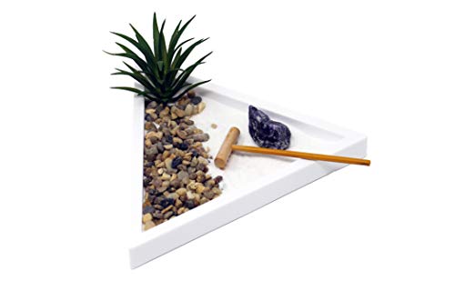 Nature's Mark Mini Zen Garden Kit for Desk with Rake, White Sand, White Triangle Base, Crystal Rock, Mini River Rocks and Air Plant, (7Lx6W Triangle W)