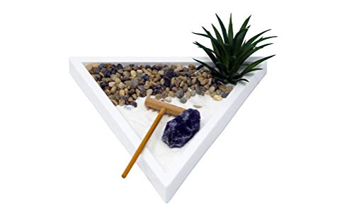 Nature's Mark Mini Zen Garden Kit for Desk with Rake, White Sand, White Triangle Base, Crystal Rock, Mini River Rocks and Air Plant, (7Lx6W Triangle W)