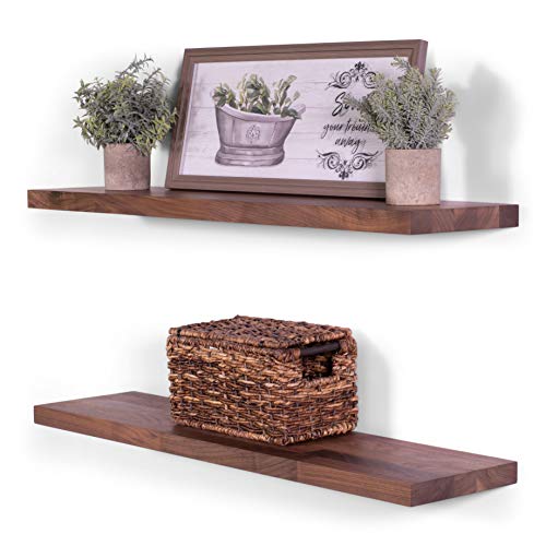 DAKODA LOVE Floating Shelves | Butcher Block | Solid Walnut | Premium Craftsman Quality | Easy Hidden Bracket Wall Mount | Set of 2 (24" L x 8" D)