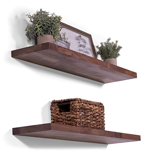 DAKODA LOVE Floating Shelves | Butcher Block | Solid Walnut | Premium Craftsman Quality | Easy Hidden Bracket Wall Mount | Set of 2 (24" L x 8" D)