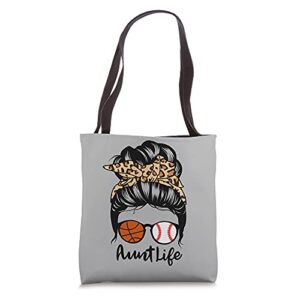 aunt life messy bun hair funny baseball basketball aunt tote bag