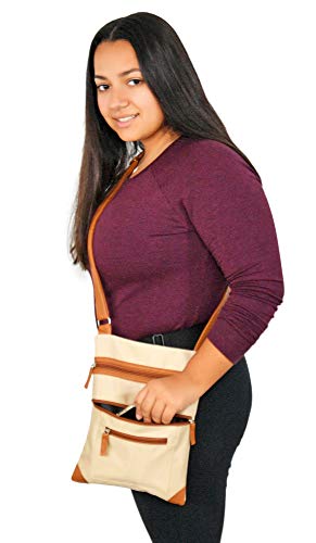 Home-X Crossbody Purses for Women, Shoulder Strap Bag with Zipper Pockets, Nylon Side Body Crossover Purse, 11 ¾" L x 9" W, Beige