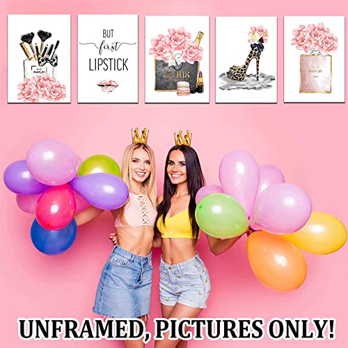 Lodintech Fashion Canvas Wall Art Girls Bedroom Wall Decor Pink Flower Perfume Unframed Art Prints Fashion Posters Living Room Women Office Decorations Red Lip Makeup Brush High Heels Painting (5pcs 8x12'')