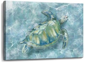bathroom wall decor sea turtle hd pictures print on canvas framed wall art for bedroom kitchen modern blue coastal room decorations art work green turtle on blue water size 12×16 inches ready to hang