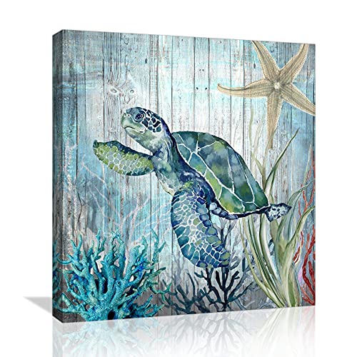 HGTUSJHC Sea Turtle Bathroom Wall Decor Modern Canvas Ocean Theme Painting Pictures Art Framed Artwork for Bedroom Home Office Kitchen Rustic Green Decoration Size 14x14, Blue and Green