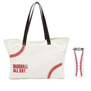 yhshyzh baseball tote handbag purses with zippers pockets & 5d print 20 oz skinny tumbler packets gifts for baseball mom team fans(white, x-large)