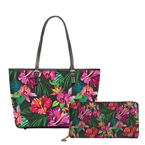 FKELYI Hawaiian Style Hibiscus Floral Handbag for Women Luxury Top-Handle Bag with Long Wallets Set,Waterproof Shoulder Totes Ladies Girls Gift