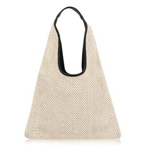 qtkj hand-woven straw shoulder bag boho black leather top handle tote retro summer beach bag holiday travel handbag (white)