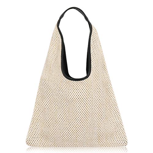 QTKJ Hand-woven Straw Shoulder Bag Boho Black Leather Top Handle Tote Retro Summer Beach Bag Holiday Travel Handbag (White)