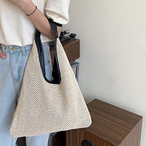 QTKJ Hand-woven Straw Shoulder Bag Boho Black Leather Top Handle Tote Retro Summer Beach Bag Holiday Travel Handbag (White)