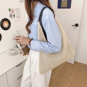 QTKJ Hand-woven Straw Shoulder Bag Boho Black Leather Top Handle Tote Retro Summer Beach Bag Holiday Travel Handbag (White)