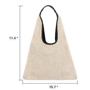 QTKJ Hand-woven Straw Shoulder Bag Boho Black Leather Top Handle Tote Retro Summer Beach Bag Holiday Travel Handbag (White)