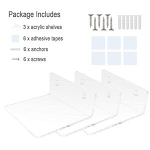 Bigfety Acrylic Small Adhesive Wall Shelves, 3-Ledges, Clear Mini Floating Shelf Flexible Use for Wall Space