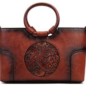 PU Handbag for Women,Vintage Design Embossed Totem Purse Organizer Top-Handle Satchel Handmade Medium Crossbody … (Brown)