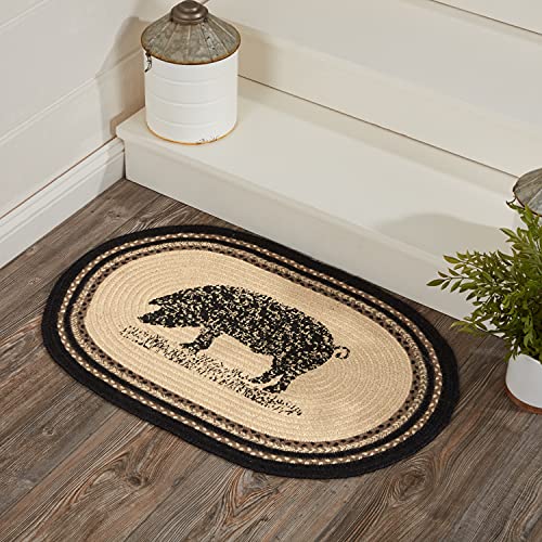 VHC Brands Sawyer Mill Charcoal Farmhouse Animal Design Area Entry Dining Room Living Room Kitchen Floor Cover Oval Jute Rug w/ Rug Pad 20x30 Pig