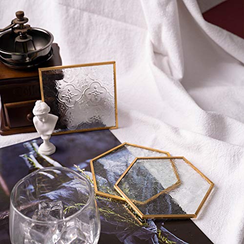 Glass Gold Coasters for Drinks, 6 Pcs Cup Coaster Set with Carved Glass Stylish for Coffee Tea Wine Coasters for Bar with Brass Edge Hexagon and Square Coasters Home Decor