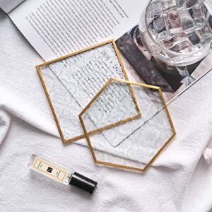 Glass Gold Coasters for Drinks, 6 Pcs Cup Coaster Set with Carved Glass Stylish for Coffee Tea Wine Coasters for Bar with Brass Edge Hexagon and Square Coasters Home Decor