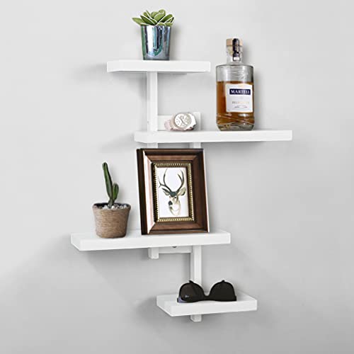 AHDECOR White Wall Mounted Floating Shelves, Natural Wood Shifting Adjustable 4-Tiers Shelf, Wooden Hanging Shelf for Home Decor
