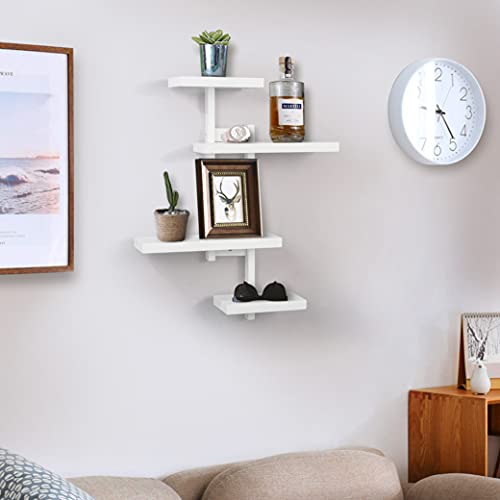 AHDECOR White Wall Mounted Floating Shelves, Natural Wood Shifting Adjustable 4-Tiers Shelf, Wooden Hanging Shelf for Home Decor