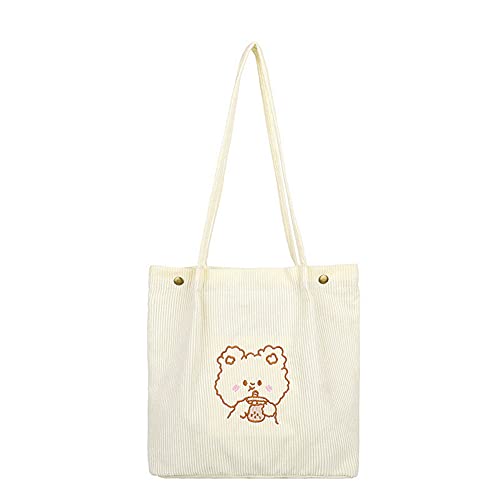 Corduroy Totes Bag Women Girls Corduroy Shoulder Bag Cute Cartoon Embroidery Casual Shoulder Tote