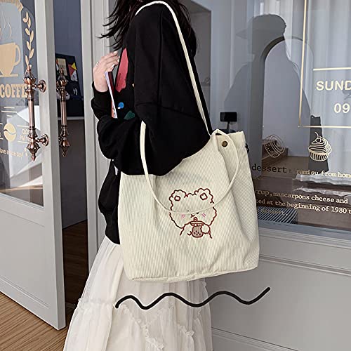 Corduroy Totes Bag Women Girls Corduroy Shoulder Bag Cute Cartoon Embroidery Casual Shoulder Tote