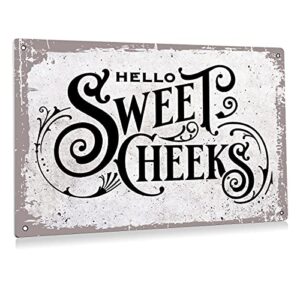 retro hello sweet cheeks bathroom metal tin sign wall decor – vintage bathroom quote tin sign for toilet restroom home decor gifts