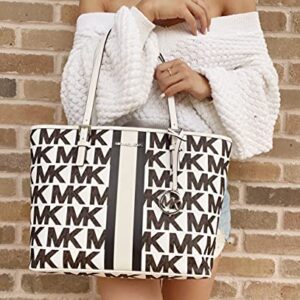 Michael Kors Jet Set Travel Medium Carryall Tote Graphic MK White Stripe Bundled with Michael Kors Jet Set Large Brown Trifold Wallet