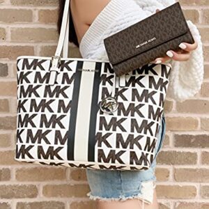 Michael Kors Jet Set Travel Medium Carryall Tote Graphic MK White Stripe Bundled with Michael Kors Jet Set Large Brown Trifold Wallet