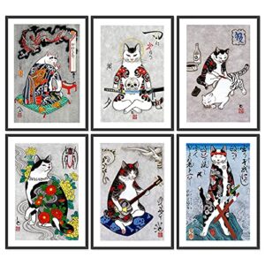 dalihebo japanese art tattoo cat painting wall retro art poster set of 6 prints unframed (8×11.8 inch)