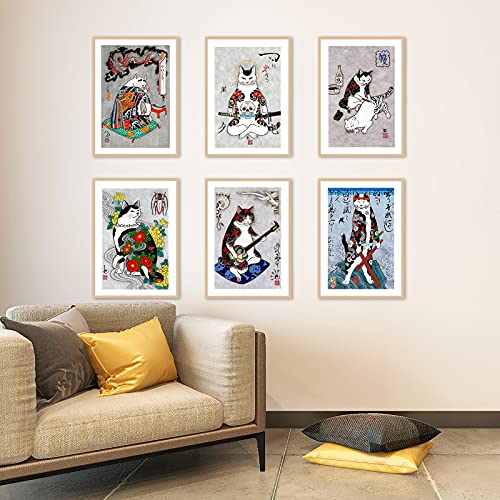 DALIHEBO Japanese Art Tattoo Cat Painting Wall Retro Art Poster Set of 6 Prints UNFRAMED (8x11.8 inch)