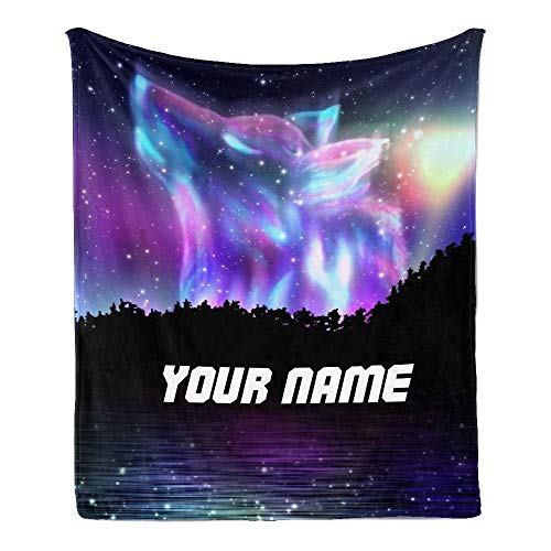 CUXWEOT Custom Throw Blanket with Your Name Text,Personalized Galaxy Wolf Fantasy Super Soft Fleece Blanket for Couch Sofa Bed (50 X 60 inches)