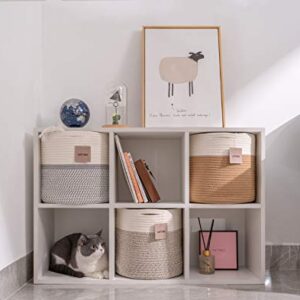 voten Storage Cubes Baskets Bins Organizer 11x11x11'' Fit 12x12''Cube Storage Organizer Bookcases Shelves,Durable Woven Cotton Storage Basket for Organizing,Round 3Pack Off White/Light Brown