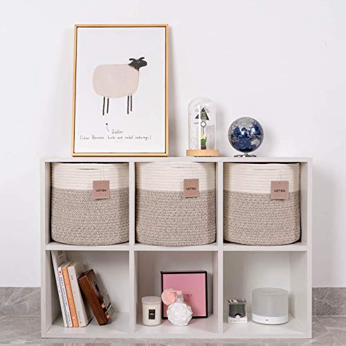 voten Storage Cubes Baskets Bins Organizer 11x11x11'' Fit 12x12''Cube Storage Organizer Bookcases Shelves,Durable Woven Cotton Storage Basket for Organizing,Round 3Pack Off White/Light Brown