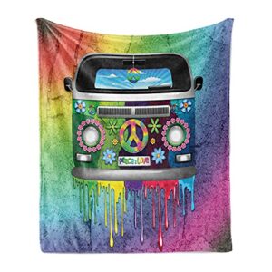 ambesonne groovy throw blanket, old style hippie van dripping rainbow paint mid 60s youth revolution movement theme, flannel fleece accent piece soft couch cover for adults, 70″ x 90″, magenta