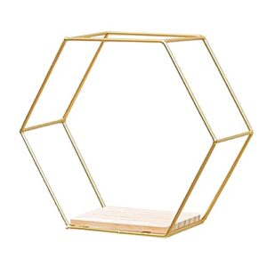 sftyufs floating shelves wall mounted floating hexagon shelves, metal framed gold shelves with wood based in modern chic style, for wall storage & display in living room bedroom