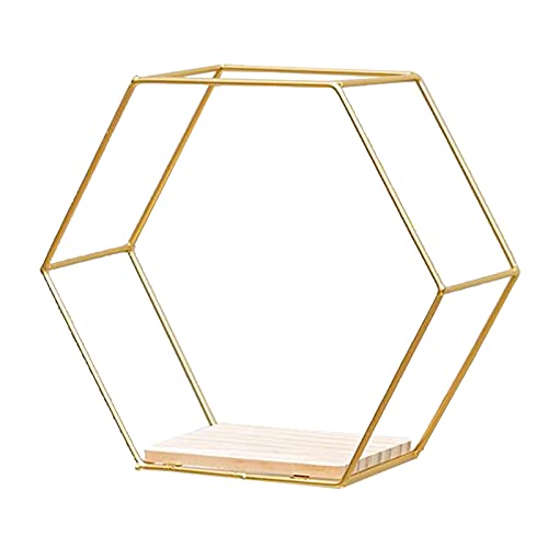 SFTYUFS Floating Shelves Wall Mounted Floating Hexagon Shelves, Metal Framed Gold Shelves with Wood Based in Modern Chic Style, for Wall Storage & Display in Living Room Bedroom