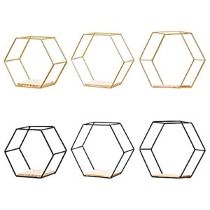 SFTYUFS Floating Shelves Wall Mounted Floating Hexagon Shelves, Metal Framed Gold Shelves with Wood Based in Modern Chic Style, for Wall Storage & Display in Living Room Bedroom