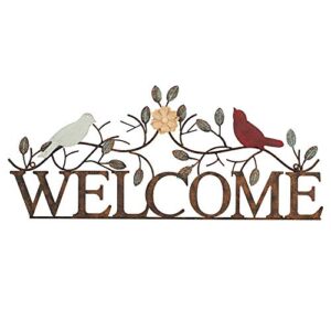 retrome birds on branch welcome sign metal wall art, 26.5″ x 11″