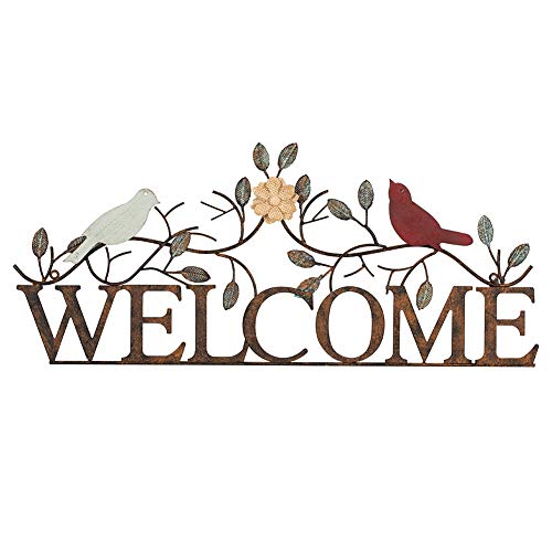 Retrome Birds on Branch Welcome Sign Metal Wall Art, 26.5" x 11"