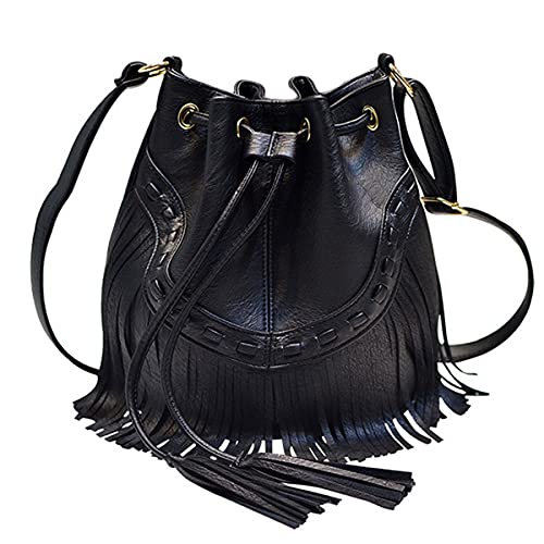 Meyaus Women Small Fringed Faux Leather Crossbody Bag Drawstring Shoulder Bag Boho Bucket Bag