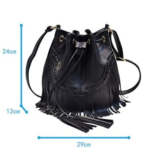 Meyaus Women Small Fringed Faux Leather Crossbody Bag Drawstring Shoulder Bag Boho Bucket Bag