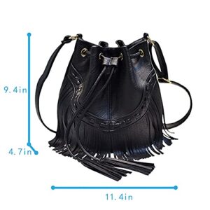 Meyaus Women Small Fringed Faux Leather Crossbody Bag Drawstring Shoulder Bag Boho Bucket Bag