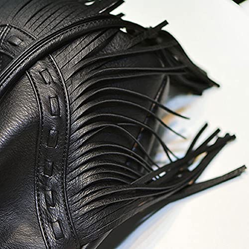 Meyaus Women Small Fringed Faux Leather Crossbody Bag Drawstring Shoulder Bag Boho Bucket Bag