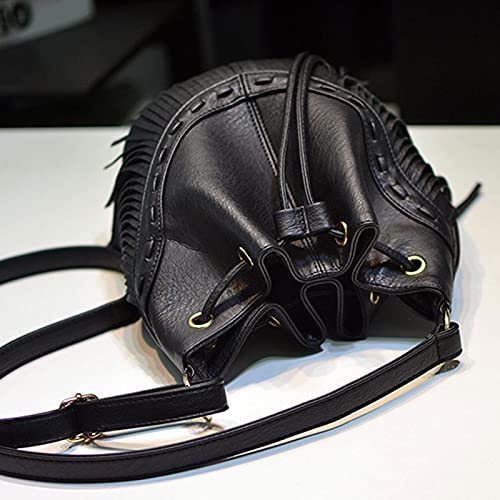 Meyaus Women Small Fringed Faux Leather Crossbody Bag Drawstring Shoulder Bag Boho Bucket Bag