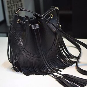 Meyaus Women Small Fringed Faux Leather Crossbody Bag Drawstring Shoulder Bag Boho Bucket Bag