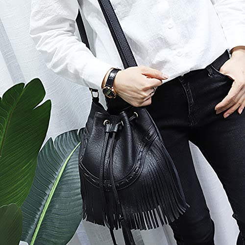 Meyaus Women Small Fringed Faux Leather Crossbody Bag Drawstring Shoulder Bag Boho Bucket Bag