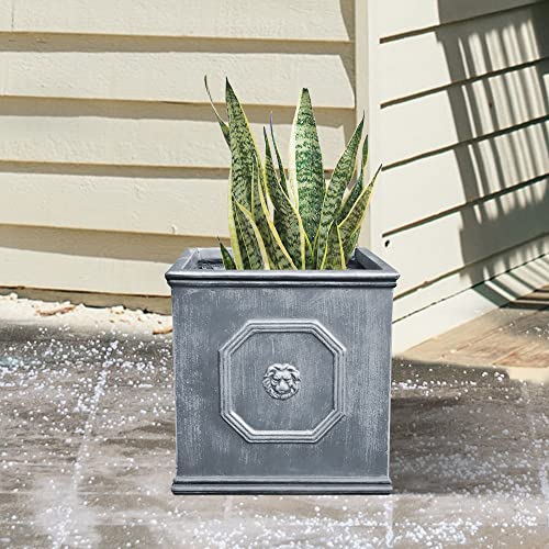 Kante Lightweight Classic Square English Style Lion Head Planter 12.6"x12.6"x12.6" Antique Gray